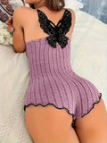 Comfortable Bodysuit Womens Onesies Summer Pajamas Sleepwear Back Butterfly Embroidery Lace Splicing Loungerwear