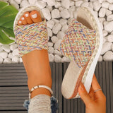 Fashion Mix Color Woven Sandals Women 2025 Summer Wedge Heel Bohemian Sandals Woman Lightweight Platform Sandles Plus Size 36-43