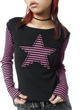 Early Autumn Punk Style Slim Fit T-shirt Women Long Sleeve Crew Neck Star Stripes Patchwork Ladies Tops for Casual Daily