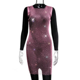 XS-2XL 15 Colors Rhinestones Fishnet Dress O-Neck Grid Swimsuit Bikini Cover Up Beach Pool Party Cover-ups for Swimwear Women