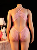 Erotic Hot women Plus Size Lace Halter Teddy Bodysuit Crotchless Criss-Cross Back Deep V Neck Open Crotch sexy Lingerie 1XL-4XL