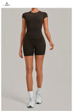 Tight Invisible Wrinkle Yoga Sets Women Short Sleeve O Neck Hollow Back Sports Tank Top Butt-Lifting Shorts Gym Fitness Suits