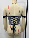 Retro French Jacquard Red Plaid Camisole 2026 Women Sexy Lace Trim Spliced Off Shoulder Chest Wrapped Fishbone Chest Party Tops