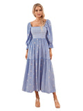 Women Spring Fall Long Dress Long Sleeve Dress Square Neck Embroidery Flower Loose Swing Dress Wit Pocket