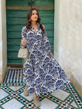 Foridol Blue Flower Print Vintage Casual Shirt Dress Women 2025 Single Breasted Loose Boho Maxi Long Vestidos Dresses Fashion