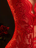 Seductive Blue Lace Hollow Bodysuit for Women - Erotic Teddy Babydoll Dress with Deep V Open Bra and Crotchless Porn Underwear