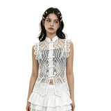 Women's Solid Color Lace Tank Tops Mandarin Collar Sleeveless Frog Buttons Summer Vest