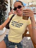 Woman Clothing Letter Print Short T-shirts Y2K Streetwear 2026 Summer O-neck Slim Fit Crop Tops Vacation Beach Tees Light Yellow