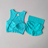 Women's Backless Cross Belt Sports Vest Yoga Exercise Fitness Suit Threaded Pleated Hip Lifting Shorts Set