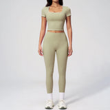 2PC Color Contrast Yoga Suit Women Short Sleeve Square Collar Slim Sports Top Fitness Suits Outdoor Exercise Leggings Tracksuit