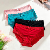 4Pcs/Set Women's Swim Fabric Lace Briefs Seamless Mid Waist Panties Solid No Show Underwear Cotton Gusset Plus Size 4XL