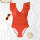 2026 Sexy Ruffle Swimsuit One Piece V-neck Drawstring Swimwear Women Bathers Bathing Swimming Swim Suit Female Beachwear XXL