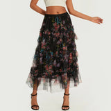 Early Fall Floral Print Ruffle Mesh Skirt Women Irregular Flowy A-line Midi Skirt for Travel, Beach, Shopping