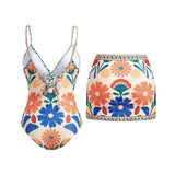 S - XL New Floral Printed With Skirt Women Swimwear V Neck High Leg Cut Bather Bathing Suit Swim One Piece Swimsuit Female K8041