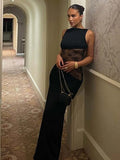 Woman's Elegant Sleeveless Lace Patchwork Evening Dress Black High Street O-neck Backless Hollow Out Slim Long Party Dresses