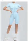 Summer Zipper Workout Jumpsuit Sports Overalls Women Running Fitness Short Sleeve Yoga Bodysuit