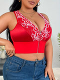 Plus Size Sexy Lingerie Set, Embroidered Front Zipper Plunge Bra, Wireless Push-up Support Bra