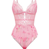 Floral Sheer Lace Deep V Bodysuits Transparent Hollow Mesh Patchwork Strap Slim Fit One Piece Bodysuits Sexy Women's Pajamas