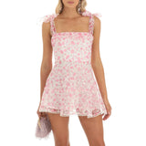 Women Fashion Double Layer Backless Cami Dress Summer Casual Floral Print Tie-Up Shoulder Strap Mini Dress Grey/Pink/Yellow