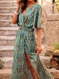 Spring Summer Printed Dress Short Sleeved Deep V-neck Slimming Waist Long Dresses Temperament Slit Dresses Vestidos Para Mujer