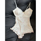 Summer Onesies Women Underwear Sexy Floral Print Bodysuit Lace Trim Sleeveless Slim Fit Jumpsuit Romper Nightwear Lingerie