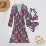 Blue Leopard Print Bikini Set Large Size Women Front Tie Push Up High Waist Swimsuit 2026 Long Sleeve Cover Up 3 Piece Swimsuit