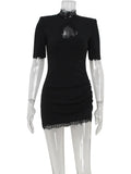 Ahagaga Sexy Sheath Women's Mini Dresses Solid Lace Turtleneck Slim Fit Bodycon Hollow Out Half Sleeves Streetwear Vestidos Robe