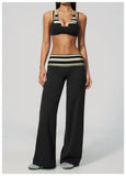 Fake Two-piece Sports Bra Yoga Sets Women Coffee Striped Patchwork Folding High Waist Wide Leg Pants Gym Running Fitness Suits