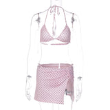FDYOUI Women's Polka Dot Print Pink Swimsuit Lace-up Bras Panties Split Skirts 3 Pieces Bikinis Sets Bathing Suit Beach Swimwear