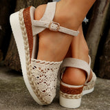 Hollow Fabric Roman Shoes Summer Travel Round Head Wedge Toe Fashion Sandals Comfortable Thick-sole Women's Shoes 2026
