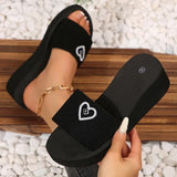 Shiny Heart Shape Rhinestone Black Slippers Women Fashion Elastic Band Platform Slides Female New Style Med Heel Slippers Female