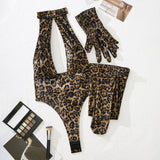 Women Leopard Print Bodysuit With Gloves Leggings Hollow Out Backless Deep V Suspenders Sleeveless Bodysuits Charming Thin 3X4C