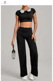 Women's Tracksuit Yoga Sets Back Hollow Out Short Sleeve Sports Shirts High Waist Straight Leg Pants Gym Running Fitness Suits