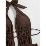 S - XL Deep V Neck Halter Wrinkled Women Swimwear One Piece Swimsuit Female Backless High Leg Cut Bather Bathing Suit Swim V7831