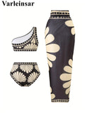 S - XXL Printed Sarong Female Swimsuit High Waist Bikini Women Swimwear Three-pieces Bikini set Bather Bathing Suit Swim V8212