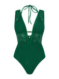 S - XL Deep V Neck Knit Fishnet Mesh One Piece Swimsuit Women Swimwear Female Backless Monokini High Leg Cut Bathing Suit Swim