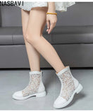 Women White Gladiator Ankle Boots Round Toe Square Heel  Breathable Mesh Large Size 34-45 Sweet Princess Cool Sandals Boots New