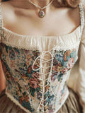 Women Retro Jacquard Corset Lace Floral Trim Bandage Bustier Crop Tops Boat Neck Irregular Camisole Tank Tops Female