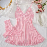 Sexy Women Lace Lingerie Set, Transparent Pink Lace Camisole & Panties Suit, Sexy Romantic Night V-Neck Temptation Hot Sleepwear