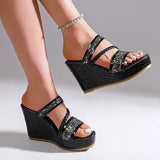 Gold Shiny Sequin Wedges Sandals Women Plus Size 42 Summer Chunky Platform Slippers Woman Crystal High Heel Party Shoes Ladies
