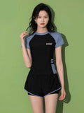 Fashion Women's Swimming Suit Ladies Patchwork Short Sleeve Swimwear Sports Pool Beachwear Two Piece Swimsuit With Shorts