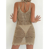 Crochet Knitted Hollow Out Halter Mini Dress Tunic Beach Cover Up Cover-ups Beach Dress Beach Wear Beachwear Female Women V8210