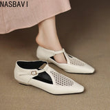 New Design Women T-Strap Sandals Square Toe Flats Buckle Breathable Mesh Casual Soft Leather Daily OL Shoes Plus Size 41 42 43
