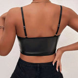 Womens Black Faux Leather Lace Trim Cami Tops Spaghetti Strap V Neck Bustier Crop Top Shiny Wet Look Camisole Sexy Nightclub Top