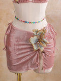 Women embroidery flower glitter metallic bikinis sets 3pcs with split mini skirt swimsuit bathing suit beach outfits biquini