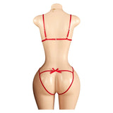 Sexy Red Crotchless Lingerie Open Back Bras BodySuits Transparent Erotic Costumes Deep V  Sexy Lace Fishnet Hollow Underwear Set