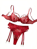 Red French Lace Embroidery Bra Set with Garter Belt Three-Piece Ensemble Sexy Underwear for Women