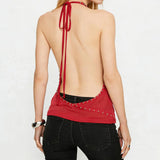 Women’s Summer Solid Color Studded Halter Tank Tops Fashionable Slim Fit Cowl Neck Backless Vest