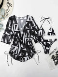 New Summer Women Geometric Print 3 Pieces Swimsuit Drawstring Mesh Bodysuit+Micro Bikini Swimwear Push Up Bathing Suit Beachwear