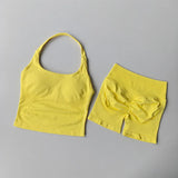 2PCS Seamless Halter Neck Yoga Set Push up Sports Bra And High Waist Butt Lift Fitness Shorts Tummy Control Fitness Wear